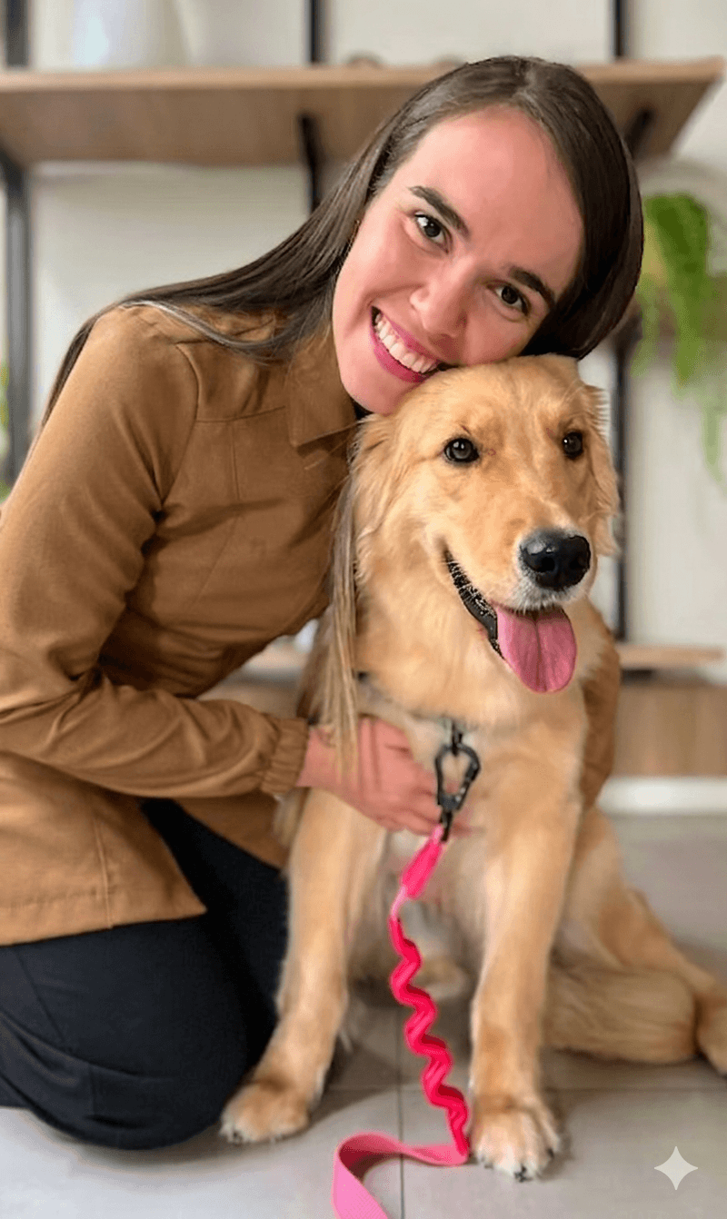 Dra. Dyba com um Golden Retriever durante consulta de dermatologia veterinária