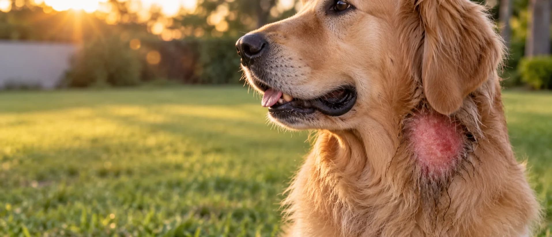Golden retriever com uma lesão vermelha e úmida no pescoço, abaixo da orelha